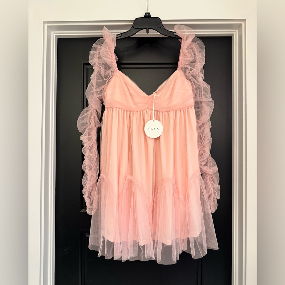 NWT Storia Pink Ruffled Babydoll Long Sleeve Tulle Mini Dress